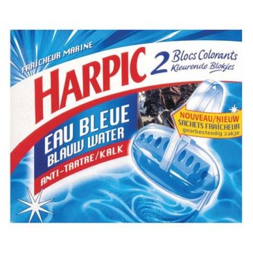 Blocs WC anti-tartre Harpic Eau Bleue parfum marine, lot de 2